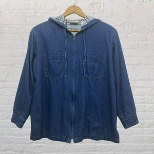 Bill Blass Vintage 90s Hooded Denim Jacket PL Plaid Lined Designer Cotton
